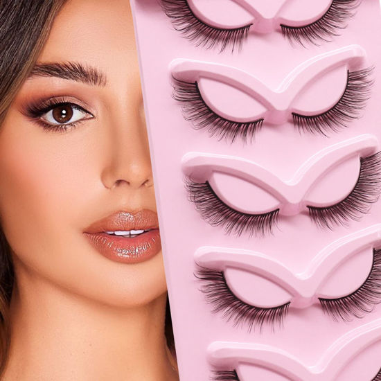 Picture of Veleasha Fox Eye Lashes L Curl Fluffy False Eyelashes 5 Pairs Pack Cat Eye Lashes Wispy & Lightweight Fake Eyelashes for Doll Eye Makeup (Foxy 05)