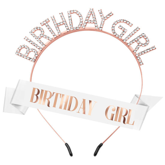 Picture of Birthday Crown Birthday Sash for Women, Birthday Girl Sash, Birthday Girl Crown, White Birthday Sash and Crown Rhinestone Headband Set, Happy Birthday Girl Princess Tiara Sash Accessories Gifts
