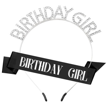 Picture of Birthday Sash Birthday Crown for Women, Birthday Girl Sash, Birthday Girl Crown, Black Birthday Sash and Crown Rhinestone Headband Set, Happy Birthday Girl Princess Tiara Sash Accessories Gifts