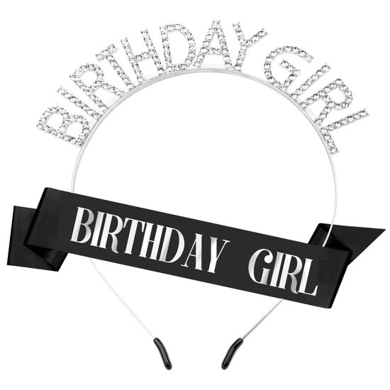 Picture of Birthday Sash Birthday Crown for Women, Birthday Girl Sash, Birthday Girl Crown, Black Birthday Sash and Crown Rhinestone Headband Set, Happy Birthday Girl Princess Tiara Sash Accessories Gifts