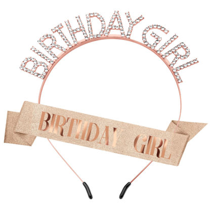 Picture of Birthday Crown Birthday Sash for Women, Birthday Girl Sash, Birthday Girl Crown, Glitter Rose Gold Birthday Sash and Crown Rhinestone Headband Set, Happy Birthday Girl Princess Tiara Sash Accessories