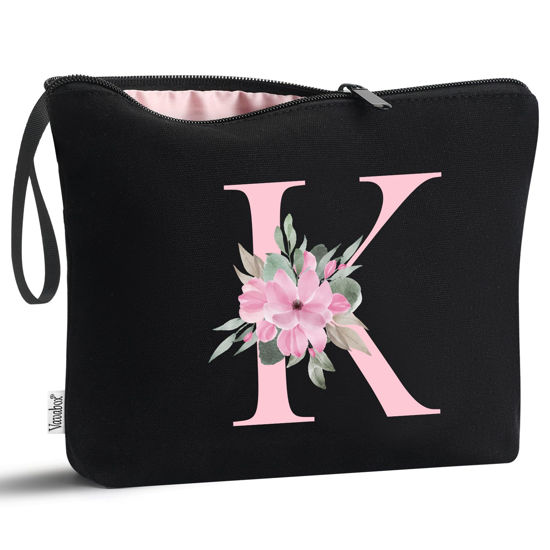 Picture of Vavabox A-Z Personalized Makeup Bag,Birthday Gifts for Women Mom,Gifts for Best Friend,Bride Bridesmaid Cosmetic bag (K, Black)