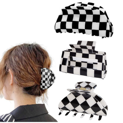 Picture of Womens Checkered Hair Clip Medium Checkered Claw Clips Black And White Jaw Clip,3pack