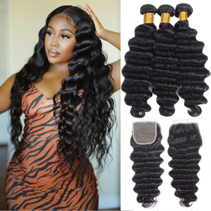 Picture of Brazilian 9a Loose Deep Wave 3 Bundles with Closure Loose Deep Wave Human Hair Bundles with Closure (24 26 28 +22 Closure) Unprocessed Virgin Human Hair 4x4 Free Part Closure Natural Color