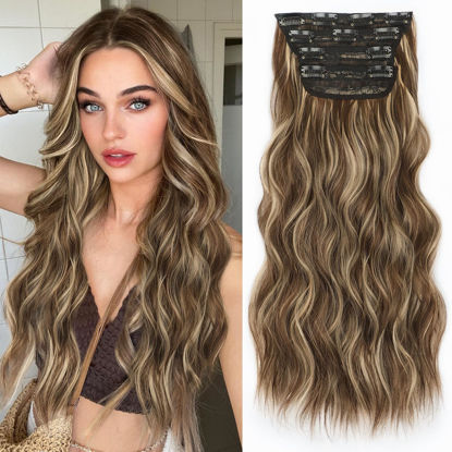 Picture of ALXNAN Clip in Hair Extension,Long Wavy Brown Mixed Light Blonde Hair Extension 4PCS Thick Hairpieces Fiber Double Weft Hair for Women