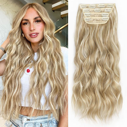 Picture of ALXNAN Clip in Long Wavy Synthetic Hair Extension 20 Inch Beach Blonde 4PCS Thick Hairpieces Fiber Double Weft Hair for Women