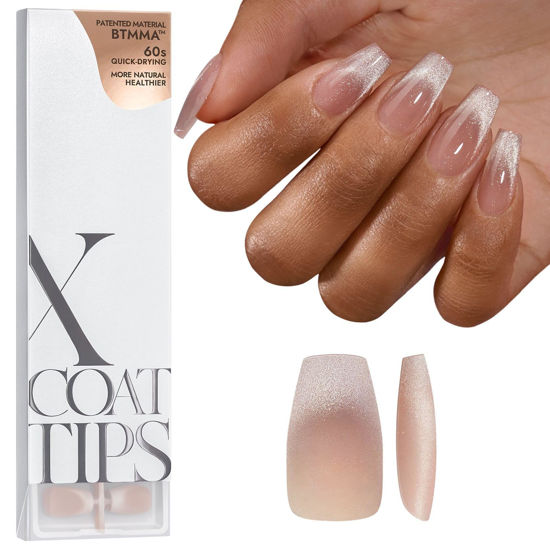 Picture of BTArtboxnails XCOATTIPS Press on Nails - Cat Eye Christmas Press on Nails, French Tip Nails, Short Coffin Soak Off Acrylic Nail Tips Extensions, Soft Gel Fake Nail