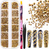 Picture of 6 Sizes Gold Glass Crystal Kit with Pickup Pen + Tweezer Tools for Shine Nail Art Manicure Makeup DIY Decoration Flatback Round Rhinestone Gem Jewelry Diamond