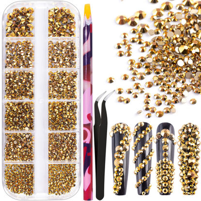 Picture of 6 Sizes Gold Glass Crystal Kit with Pickup Pen + Tweezer Tools for Shine Nail Art Manicure Makeup DIY Decoration Flatback Round Rhinestone Gem Jewelry Diamond