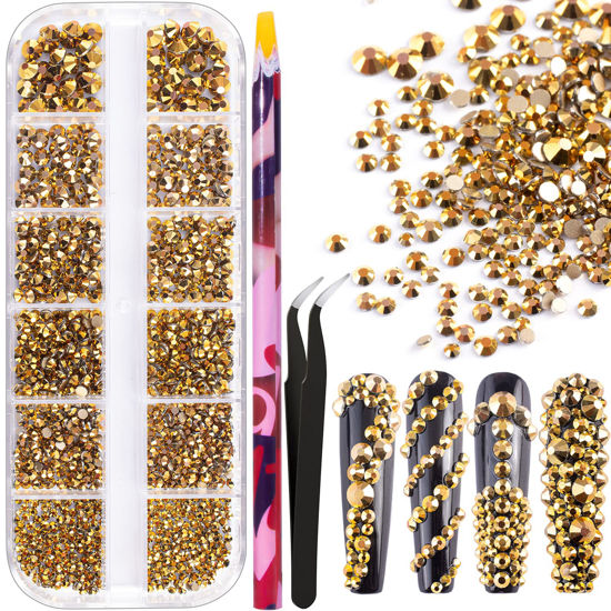Picture of 6 Sizes Gold Glass Crystal Kit with Pickup Pen + Tweezer Tools for Shine Nail Art Manicure Makeup DIY Decoration Flatback Round Rhinestone Gem Jewelry Diamond