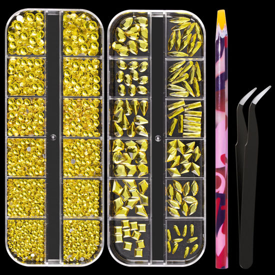 Picture of Multi Shapes Lemon Yellow 3D Glass Crystal Nail Art Rhinestones Kit with Flatback Round Bead Charm Gem Stone Jewelry Diamond with Pickup Pen + Tweezer for Manicure Makeup DIY Craft Decoration