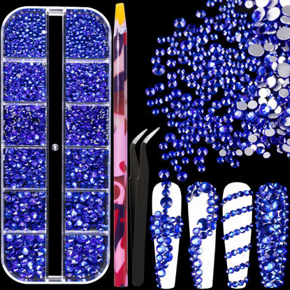 Picture of 6 Sizes Royal Blue Glass Crystal Kit with Pickup Pen + Tweezer Tools for Shine Nail Art Manicure Makeup DIY Decoration Flatback Round Rhinestone Gem Jewelry Diamond