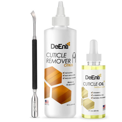 Picture of DeEnti Cuticles Maintenance Pack, Bundle Includes Citrus Scented Cuticle Remover, Cuticle Oil for Nails, and Metal Pusher Tool, Salon Grade Nail Care, Home Manicure and Pedicure Kit