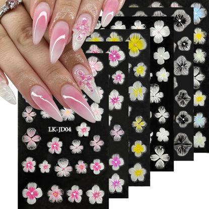 Picture of VOTACOS Flowers Nail Stickers 5D Embossed Nail Art 6 Sheets Colorful Nail Decals 3D Self-Adhesive Plumeria Nail Supplies for Women Girls Manicure Nail Decoration Spring Summer Nail Design Sticker