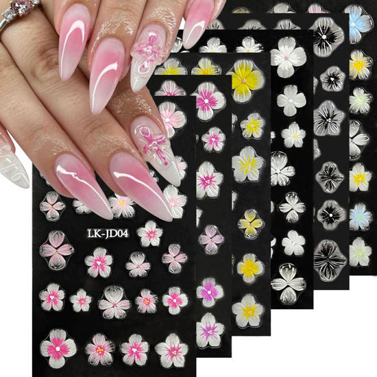 Picture of VOTACOS Flowers Nail Stickers 5D Embossed Nail Art 6 Sheets Colorful Nail Decals 3D Self-Adhesive Plumeria Nail Supplies for Women Girls Manicure Nail Decoration Spring Summer Nail Design Sticker