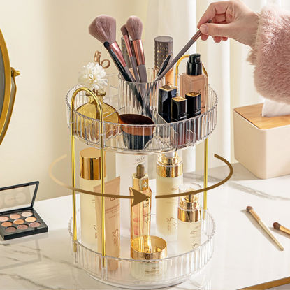 Picture of Aveniee 360 Rotating Makeup Organizer for Vanity, Upagraded Perfume Skincare Bathroom Counter Organizers with Brush Divider, Two Tier Spinning Lipstick Cosmetic Makeup Lotion Storage Organizer(White)