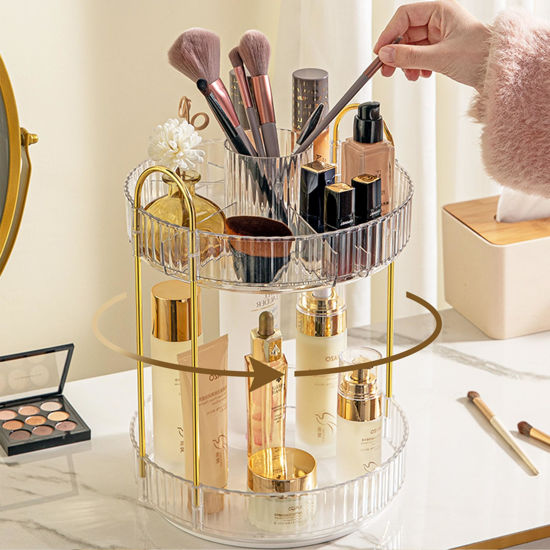 Picture of Aveniee 360 Rotating Makeup Organizer for Vanity, Upagraded Perfume Skincare Bathroom Counter Organizers with Brush Divider, Two Tier Spinning Lipstick Cosmetic Makeup Lotion Storage Organizer(White)