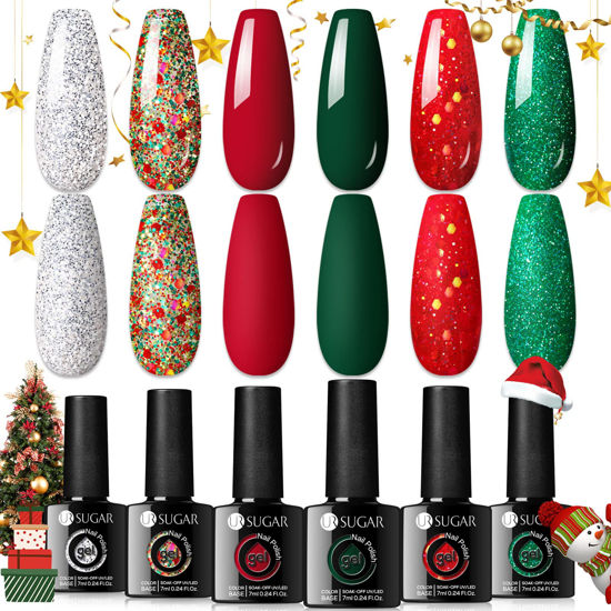 Picture of UR SUGAR Christmas Gel Nail Polish Set, 6 Colors Red Green Silver Gold Glitter Gel Nail Polish Kit Fall Winter Gel Polish Set Soak Off Nail Gel Polish Christmas Day Gifts for Women Girls