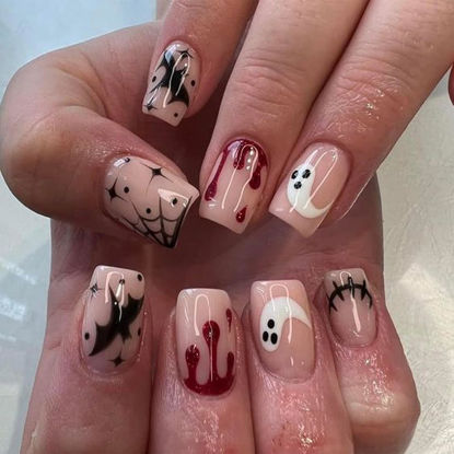 Picture of Halloween Press on Nails Short Square Fake Nails Pink Glossy False Nails Designs Little Ghost Blood Star Glue on Nails Full Cover Halloween Spider Web Bats Acrylic Nails for Women Manicure 24 Pcs