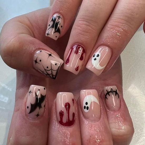Picture of Halloween Press on Nails Short Square Fake Nails Pink Glossy False Nails Designs Little Ghost Blood Star Glue on Nails Full Cover Halloween Spider Web Bats Acrylic Nails for Women Manicure 24 Pcs