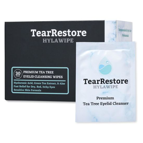 Picture of TearRestore Tea Tree HylaWipe Eyelid Wipes - 30 Count | Naturally Hydrating Cleanser | Blepharitis Treatment for Eyelids | Hypoallergenic Eye Wipes for Dry, Red, Itchy, Swollen and Irritated Eyes
