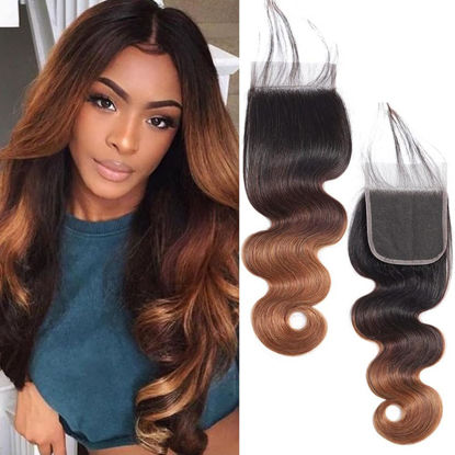 Picture of QTHAIR 14A 1B/4/30 Ombre Closure 18inch Body Wave 4x4 Transparent HD Lace Lace Closure Pre Plucked Natural Hairline Brazilian Unprocessed Virgin Human Hair Dark Roots 3 Tone 1B/4/30 Body Wave Closure