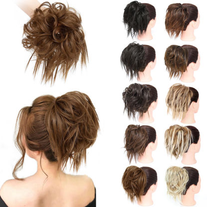 Picture of MORICA Tousled Updo Messy Bun Hair Piece Hair Extension Ponytail with Elastic Rubber Band Updo Wavy Bun Extensions Synthetic Hair Extensions Scrunchies Chignons Hairpiece for Women(Light Golden Brown)