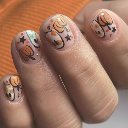 Picture of 24Pcs Halloween Short Press on Nails Square Cute Ghost Pumpkin Fake Nails Glossy Designs Pink Acrylic Nails Full Cover Glue on Nails Halloween False Nails for Women Manicure Tips Decoration