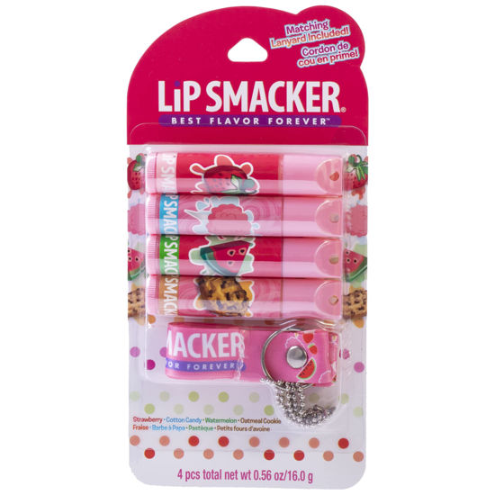 Picture of Lip Smacker Flavored Lip Balm & Pink Lanyard Set | Strawberry, Cotton Candy, Watermelon, Oatmeal Cookie Flavors | For Kids | Stocking Stuffer | Christmas Gift | Set of 4