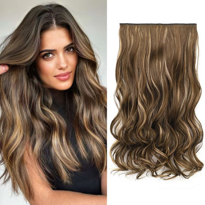 Picture of REECHO 20" 1-pack 3/4 Full Head Curly Wave Clips in on Synthetic Hair Extensions HE008 Hair pieces for Women 5 Clips 4.5 Oz Per Piece - Chocolate Brown with Blonde Highlights