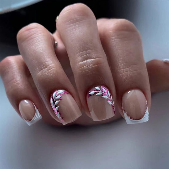 Picture of Short Press on Nails Square White French Tip Nails Acrylic False Nails with Glue Glitter and Leaves Design Artificial Fake Nails Reusable Gel Stick on Nails for Women