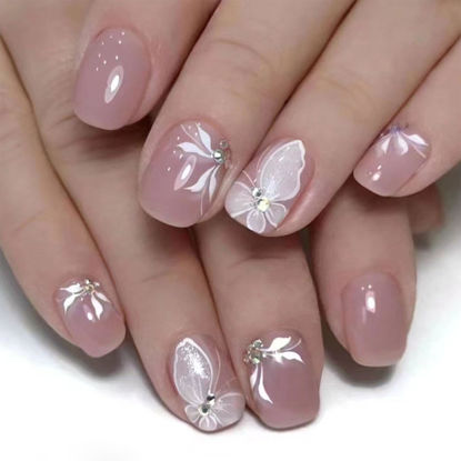 Picture of Square Press on Nails Short Cute Butterfly Nails Acrylic False Nails with RhinestonesF Designs Artificial Nails Press ons Reusable Glue on Nails for Women and Girls 24 Pcs