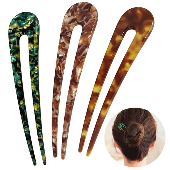 Picture of HYFEEL French Hair Pins U Shape Updo Hair Forks 2 Prong Bun Twist Chignon Stick Clips for Women Hair Accessories, 3 Pcs (Green,Tortoise,Brown Floral)