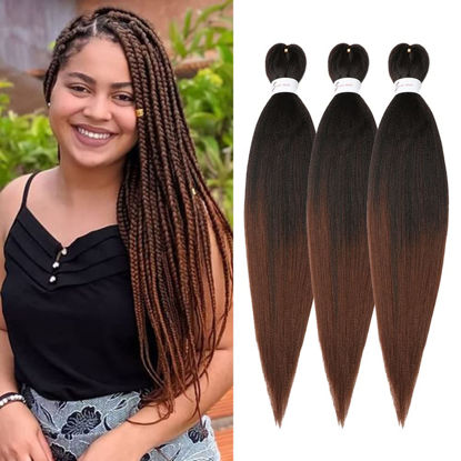 Picture of Braiding Hair Pre Stretched 24 inch 3 Packs Ombre Braiding Hair Professional Yaki Synthetic Hot Water Setting, Easy To Install Hair for Braiding Brown(24in,1B/30)