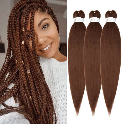Picture of Braiding Hair Pre Stretched 24 inch 3 Packs Braiding Hair Soft Yaki Texture,No Itch, Hot Water Setting Synthetic Hair Extensions for Braids Auburn Brown(24in,30#)