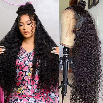 Picture of 13x4 Lace Front Wigs Human Hair Pre Plucked 180% Density Brazilian Wet and Wavy Human Hair Wigs for Black Women Glueless Curly Lace Frontal Wigs Human Hair Natural Color (34 Inches)