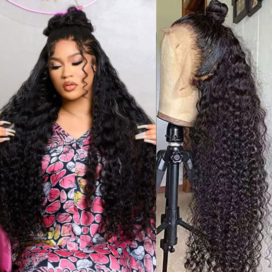 Picture of 13x4 Lace Front Wigs Human Hair Pre Plucked 180% Density Brazilian Wet and Wavy Human Hair Wigs for Black Women Glueless Curly Lace Frontal Wigs Human Hair Natural Color (34 Inches)