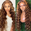 Picture of DULOVE Highlight Ombre Deep Wave Lace Front Wigs Human Hair Pre Plucked with Baby Hair Glueless 13x4 Hd Transparent Lace Front Wigs Human Hair 4/27 Honey Blonde Lace Frontal Wig 200 Density 32inch