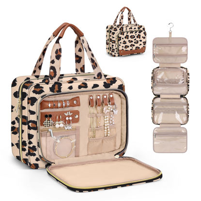 Picture of Wedama Toiletry Bag for Women, Hanging Travel Toiletry Bag with Jewelry Organizer Compartment Large Makeup Bag, PVC Waterproof Cosmetic Travel Bag Trips Camping Bathroom, Leopard Print