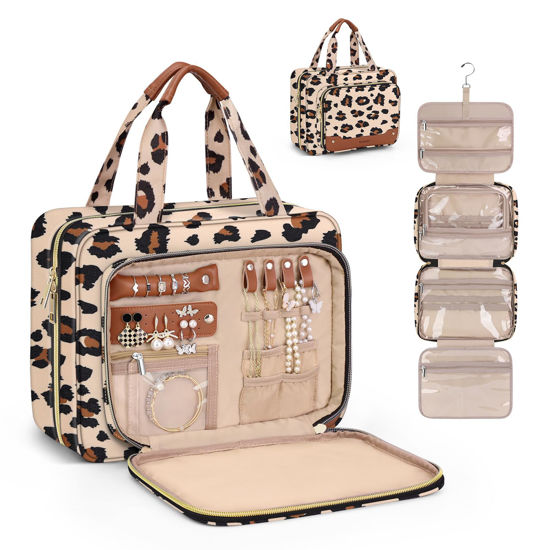 Picture of Wedama Toiletry Bag for Women, Hanging Travel Toiletry Bag with Jewelry Organizer Compartment Large Makeup Bag, PVC Waterproof Cosmetic Travel Bag Trips Camping Bathroom, Leopard Print