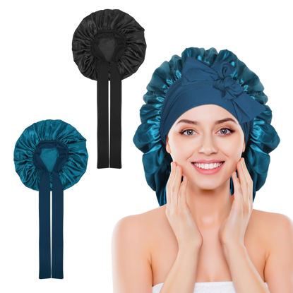 Picture of Arqumi 2 Pcs Satin Silk Bonnet for Sleeping Women, Large Long Strap Tie Band Adjustable Sleep Night Cap Hair Bonnet Wrap for Men, Black+Hole Blue