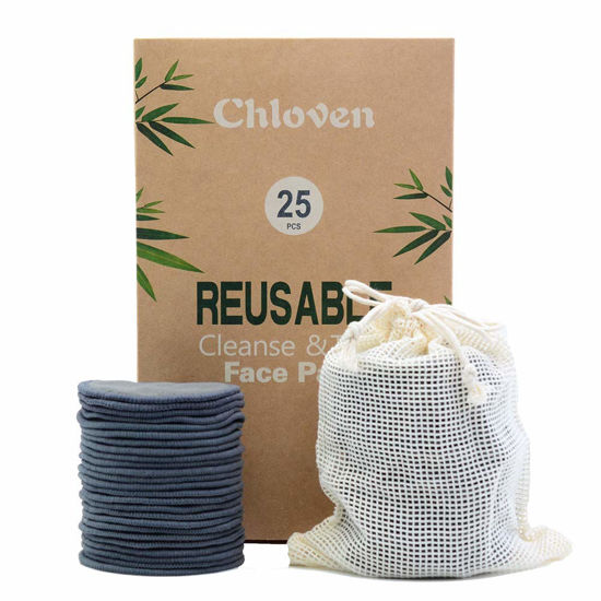 Picture of Chloven 25 Pack Charcoal Bamboo Reusable Makeup Remover Pads - Bamboo Reusable Cotton Rounds for Toner, Washable Eco-Friendly Pads for All Skin Types with Cotton Laundry Bag