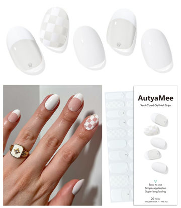 Picture of AutyaMee Semi Cured Gel Nail Strips (White Checkered)-20 PCS Gel Nail Stickers | UV Light Required | Gel Nail Wraps, Salon Quality & Easy to Use