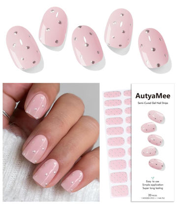 Picture of AutyaMee Semi Cured Gel Nail Strips (Pink Diamond)-20 PCS Gel Nail Stickers | UV Light Required | Gel Nail Wraps, Salon Quality & Easy to Use