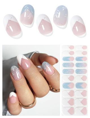 Picture of AutyaMee Semi Cured Gel Nail Strips (Blue Meteor)-20 PCS White French Gel Nail Stickers | Gel Nail Wraps | UV Light Required, Salon Quality & Easy to Use