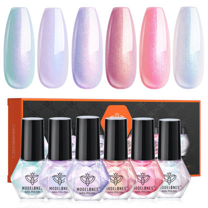 Picture of modelones Nail Polish Set, 6 Colors Spring Pearl Shimmer Pink Purple White Nail Polish Aurora Iridescent Green Quick Dry Mini Nail Polish Set 2025 Valentine's Day Gift Salon DIY Manicure Kit
