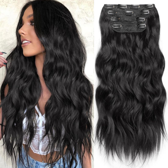 Picture of KooKaStyle Clip in Synthetic Hair Extensions Long Wavy 4PCS Thick Hairpieces Black Fiber Double Weft Natural Hair Extensions 20 Inch for Women