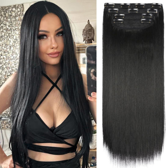 Picture of Hair Extensions Straight 4Pcs Clip in Hair Extensions Soft Hair Extensions Black Hair Extensions 20 Inches Thick Hair Extensions Clip In(4pcs, 20Inch, 1B#)