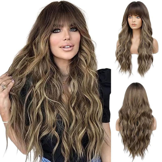 Picture of HAIRCUBE Brown with Blonde Highlight Wig Long Curly Wig with Bangs Brown wig Natural Appearance Heat-Resistant Synthetic Wig Suitable for Fashionable Women