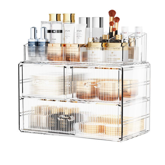 Picture of ZHIAI Stackable Cosmetic Organizer, Acrylic Cosmetic Organizer for Dresser, Vanity, Kitchen Cabinet, Bathroom, Under Sink, Home Organization and Storage (1 Top 3 Drawers)
